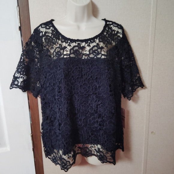 Nanette Lepore Women's Crochet Short Sleeve Dark Navy Blue Lace Top Sz XL - Picture 2 of 15